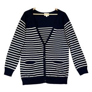 Olive & Oak Cardigan Women Large Navy Cream Stripe Knit V Neck Pockets Preppy